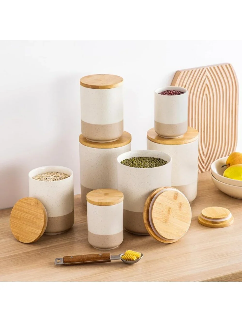 Large Ceramic Canister Set with Airtight Wood Lids - 2-Piece Kitchen Storage